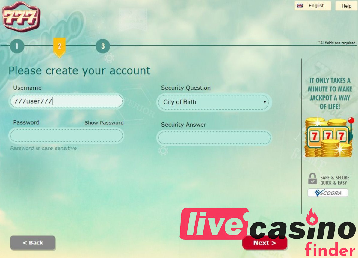 777 Live Casino создает ваш аккаунт.