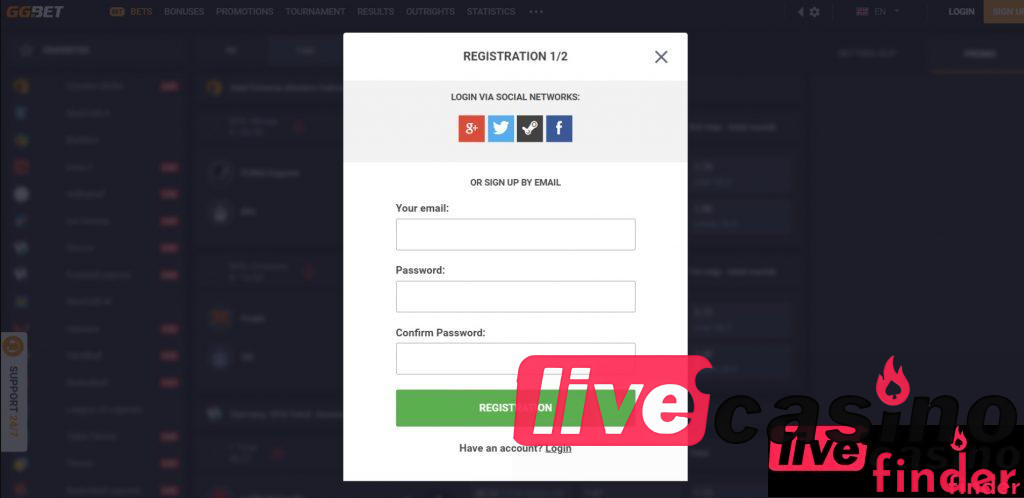 GGbet live casino Registration.