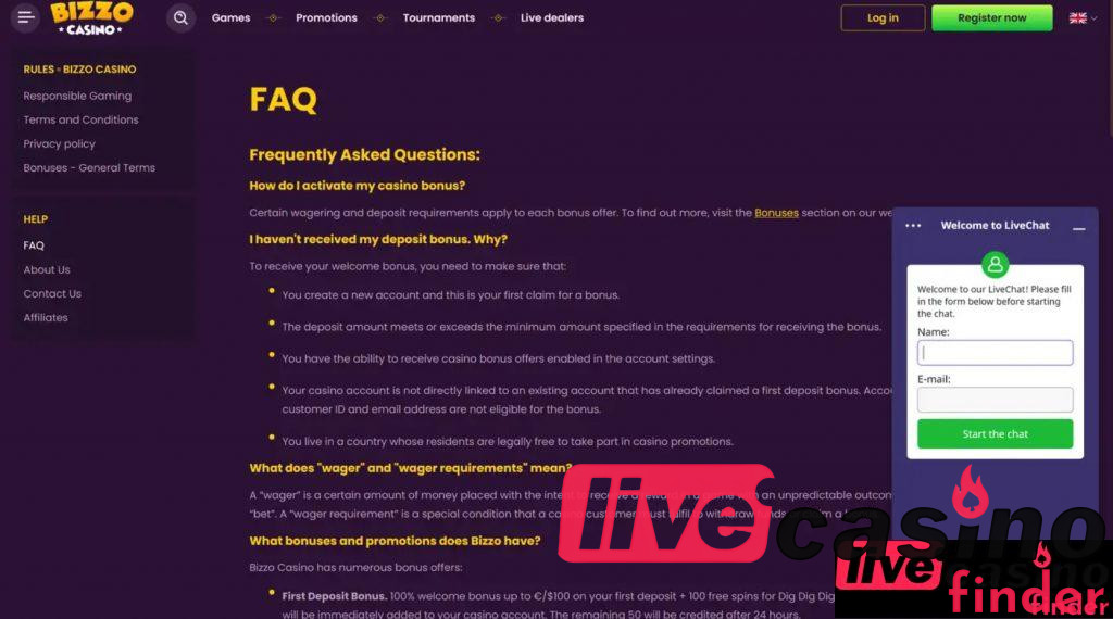 Bizzo Live Casino FAQ.
