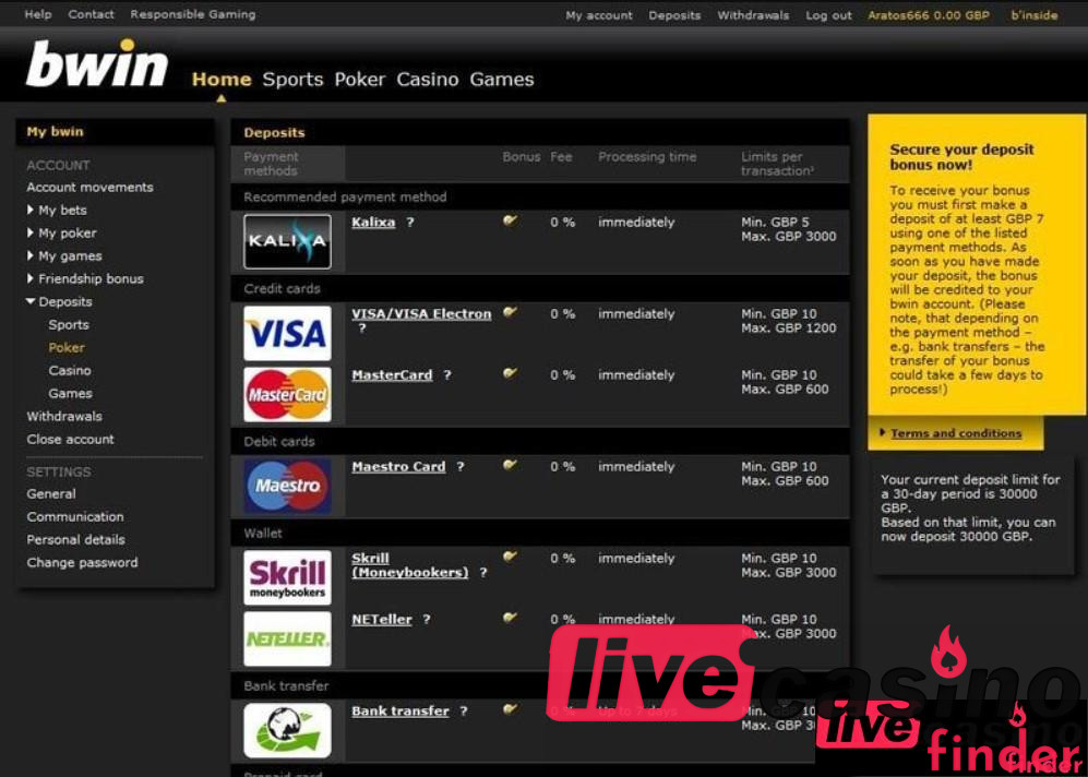 Bwin Live Casino Payment Methods.