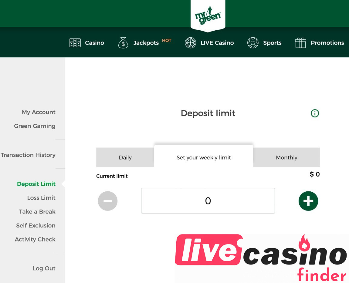 Mr. Green Live kazino iemaksu limits.
