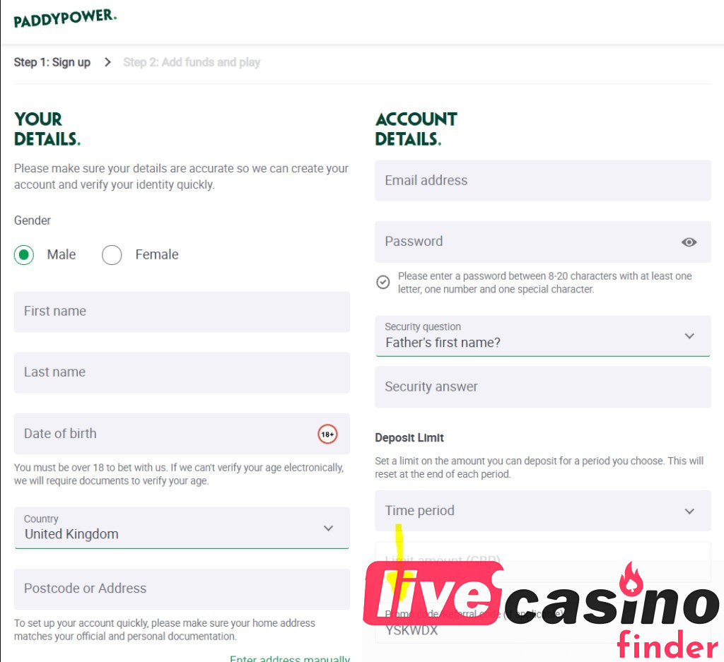 Podrobnosti o igralniškem računu Paddy Power Live Casino.