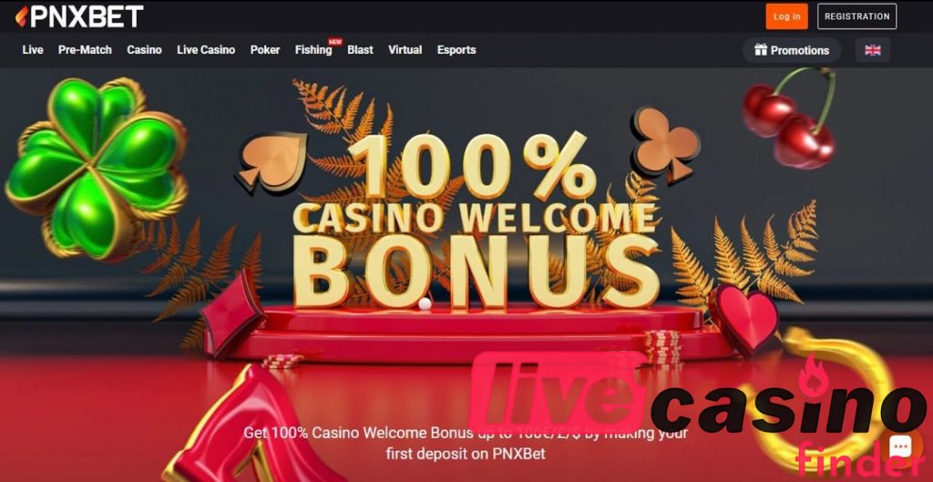 Uvítací bonus pro PNXBET Live Casino.